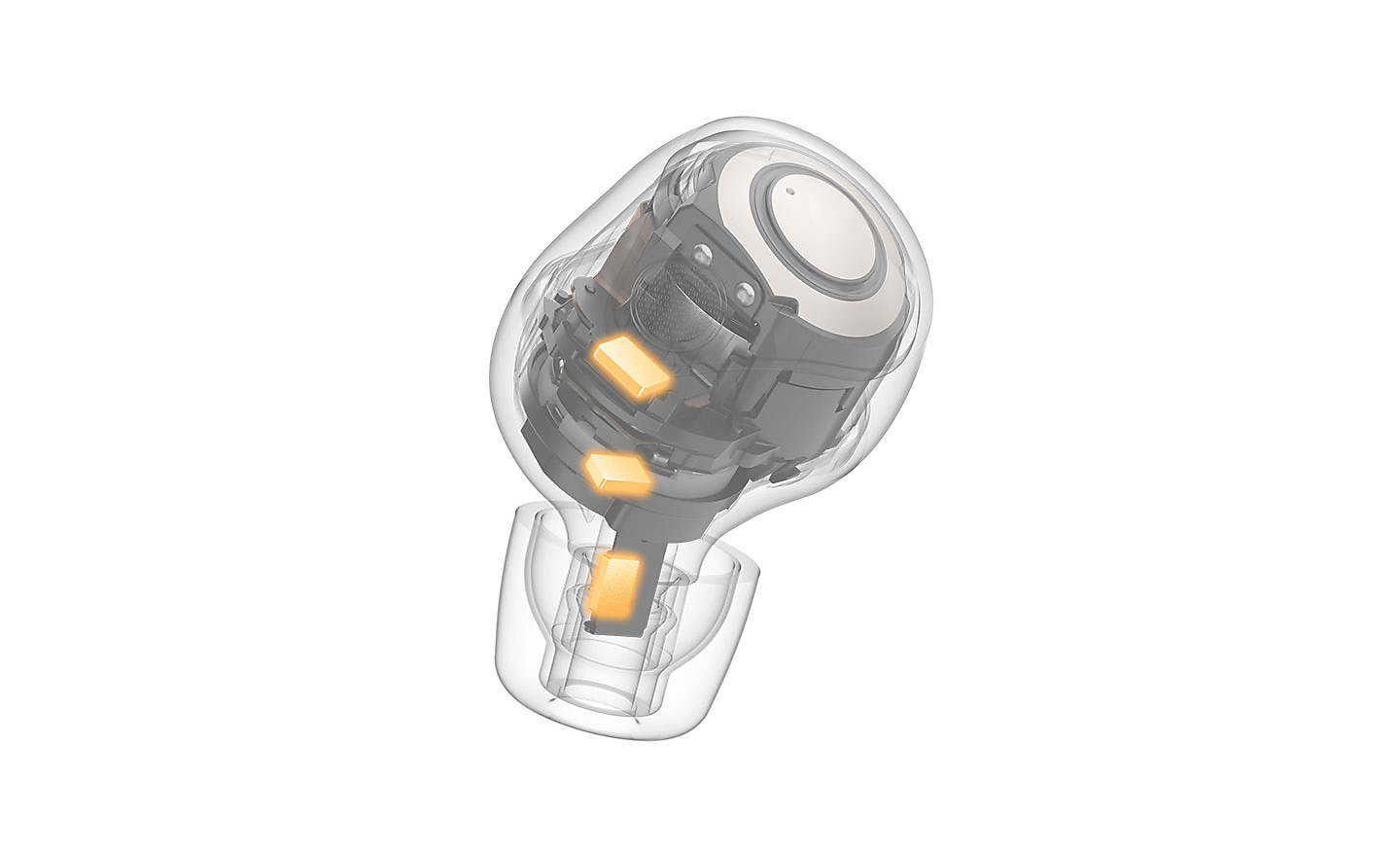  Image of one WF-1000XM5 headphone displaying the internal components, the sensors are highlighted in orange